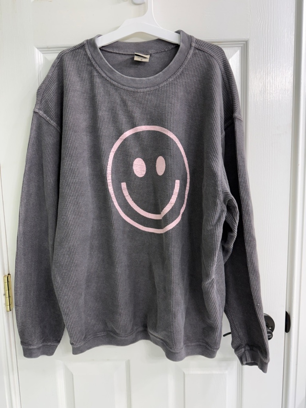 Hollister Gray Ribbed Sweatshirt with Pink Smiley Graphic
